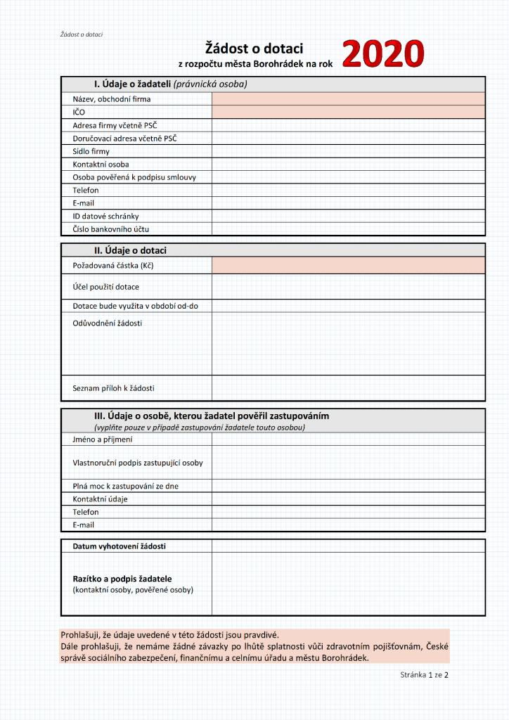 Příjem žádostí o dotaci z rozpočtu města Borohrádek na rok 2021